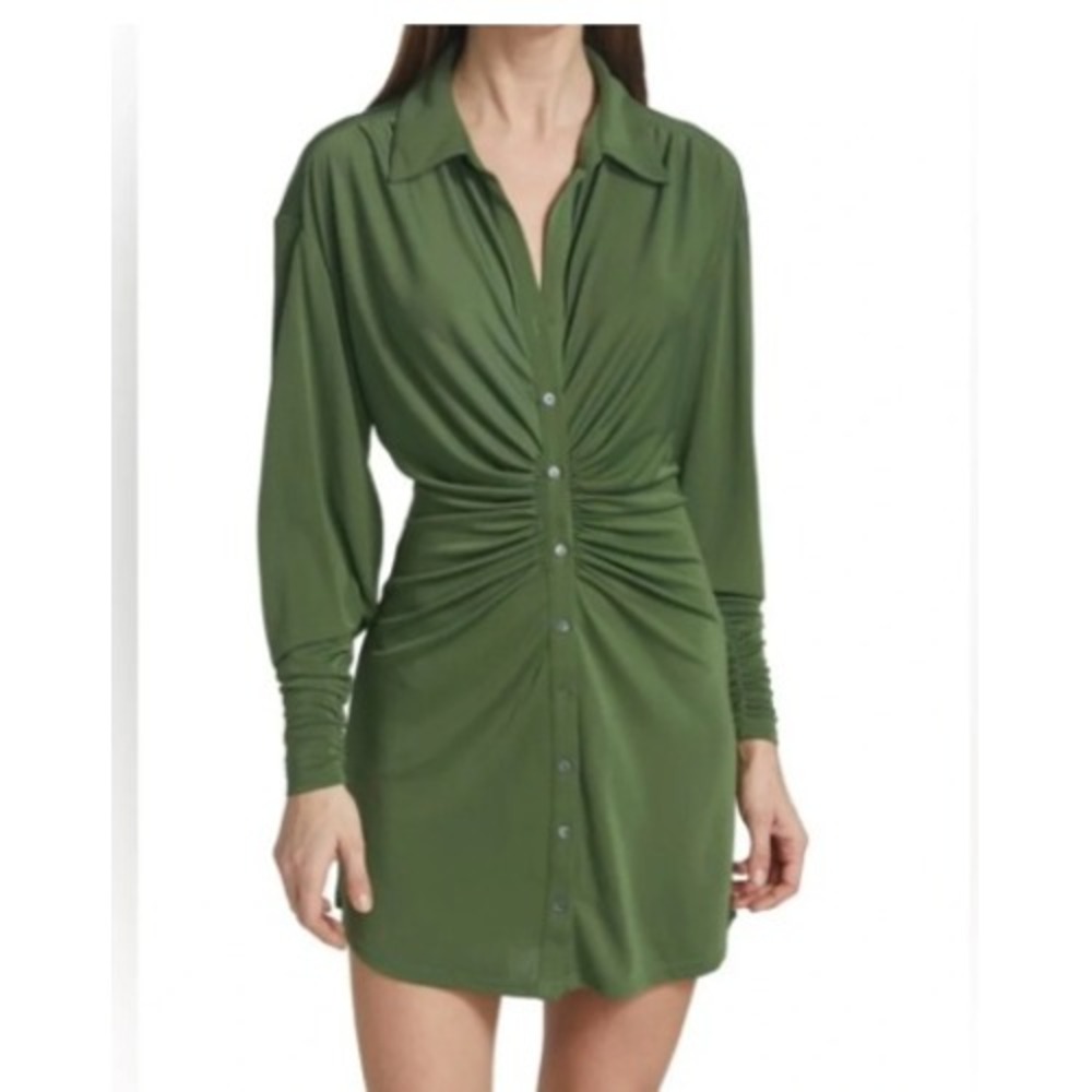 Cinq a Sept Green Ruched Mini Button Up Shirtdress Chic Minimalist Earthy Size L